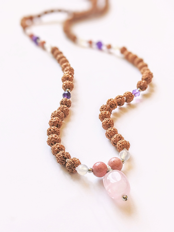 Rose Quartz, Amethyst, Moonstone, Rhodochrosite Stone - Love Mala Necklace