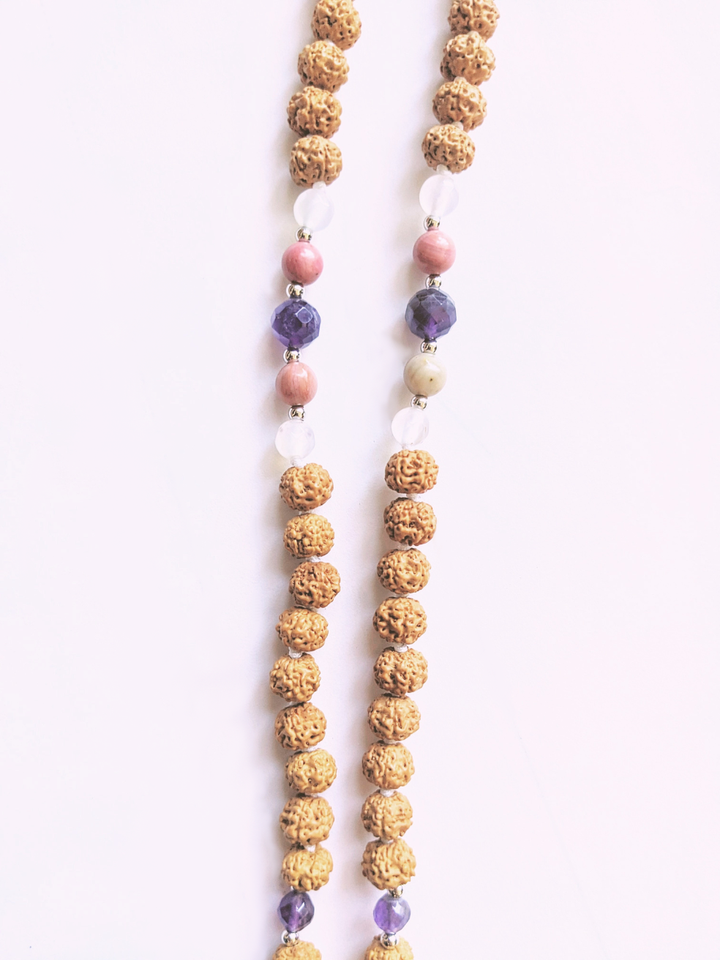 Rose Quartz, Amethyst, Moonstone, Rhodochrosite Stone - Love Mala Necklace