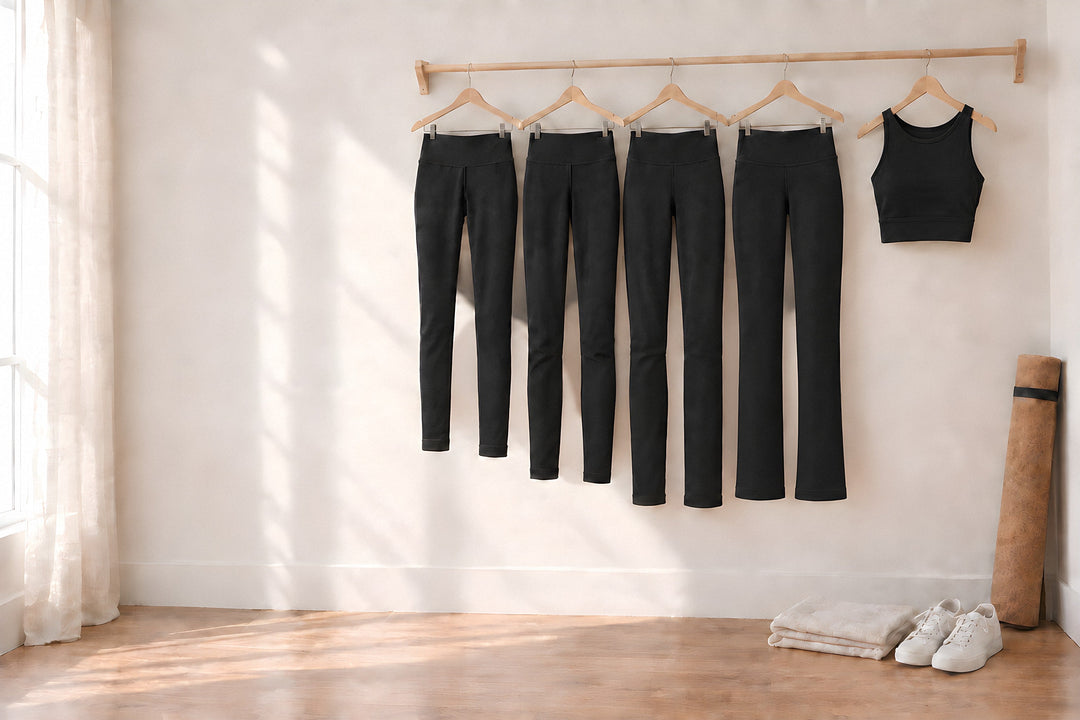 Black organic cotton leggings in 27", 30" and 33" on hangers