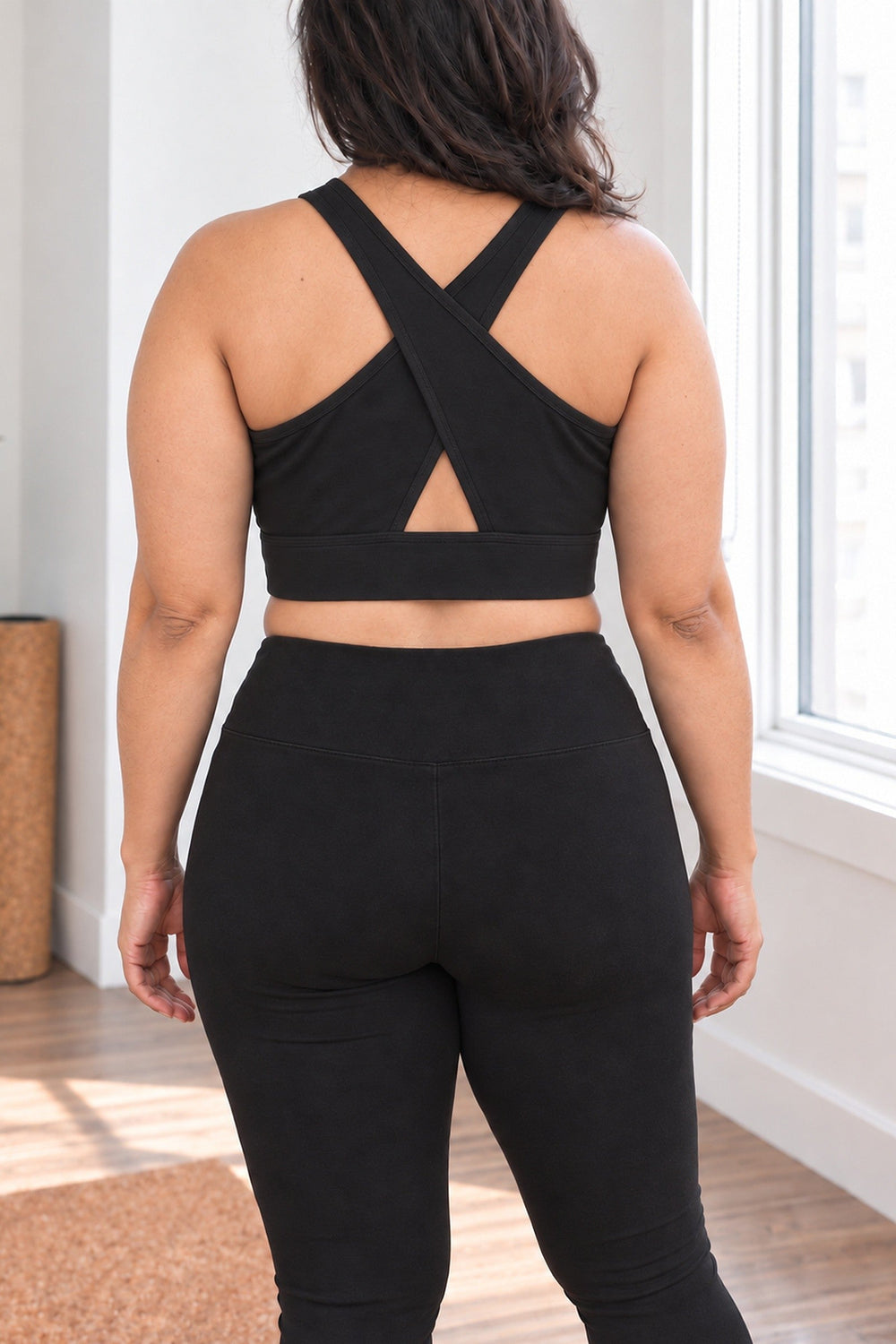 Cross-back of the Black Organic Cotton Bra / Tank Top in the Fall Set