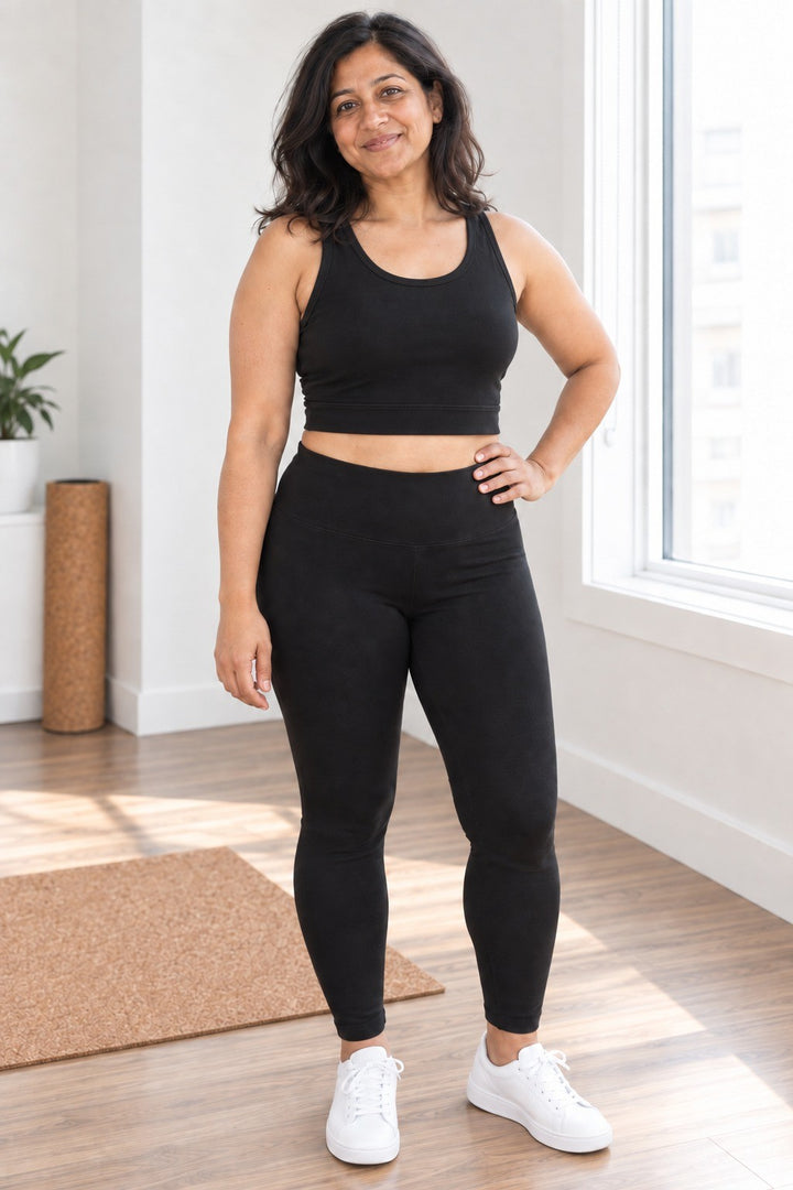 Woman in her 40s wearing the Black Organic Cotton Bra / Tank Top with black organic cotton leggings and white sneakers, full body front