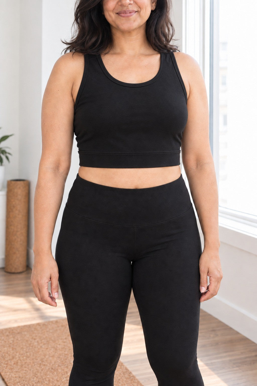 Front of the Black Organic Cotton Bra / Tank Top in the Fall Set