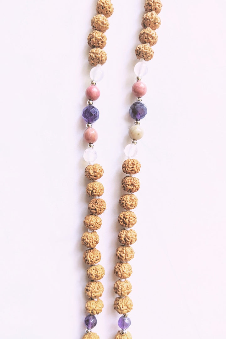 Quartz rose, améthyste, pierre de lune, rhodochrosite - Collier Love Mala