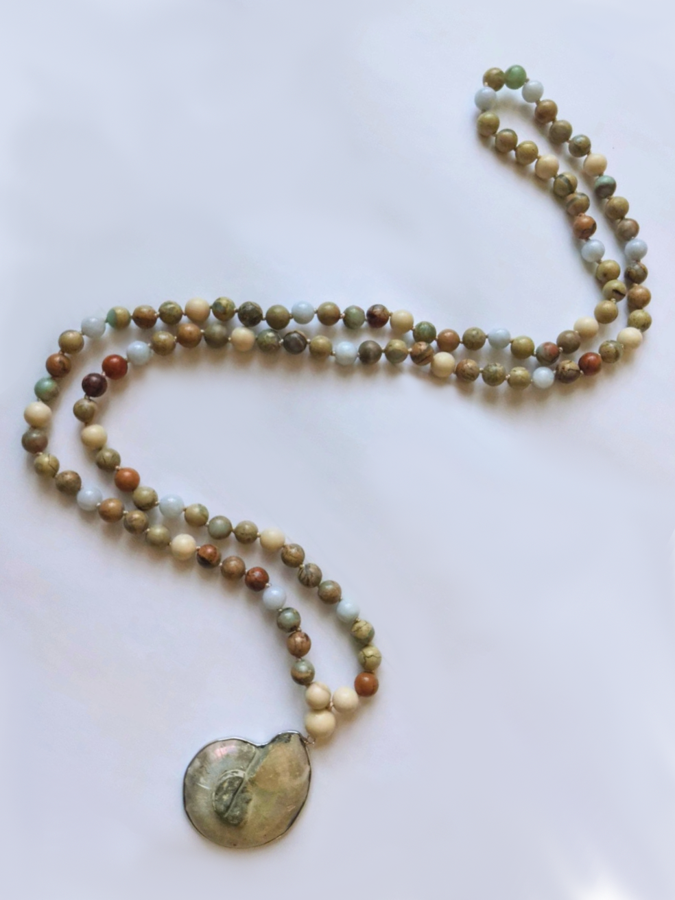 Peace & Harmony Mala Necklace - Ammonite, African Opal