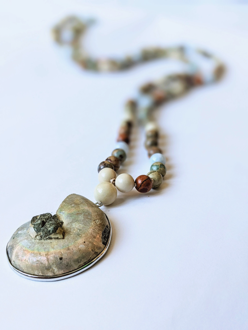 Peace & Harmony Mala Necklace - Ammonite, African Opal