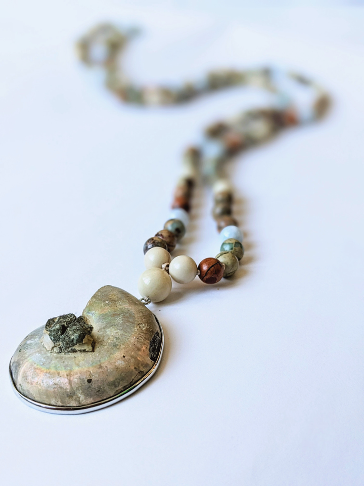 Peace & Harmony Mala Necklace - Ammonite, African Opal