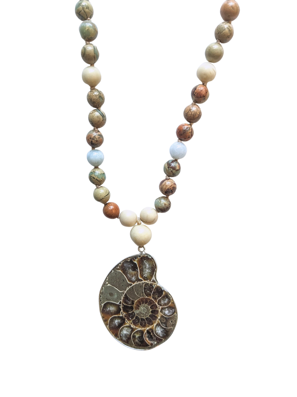 Peace & Harmony Mala Necklace - Ammonite, African Opal