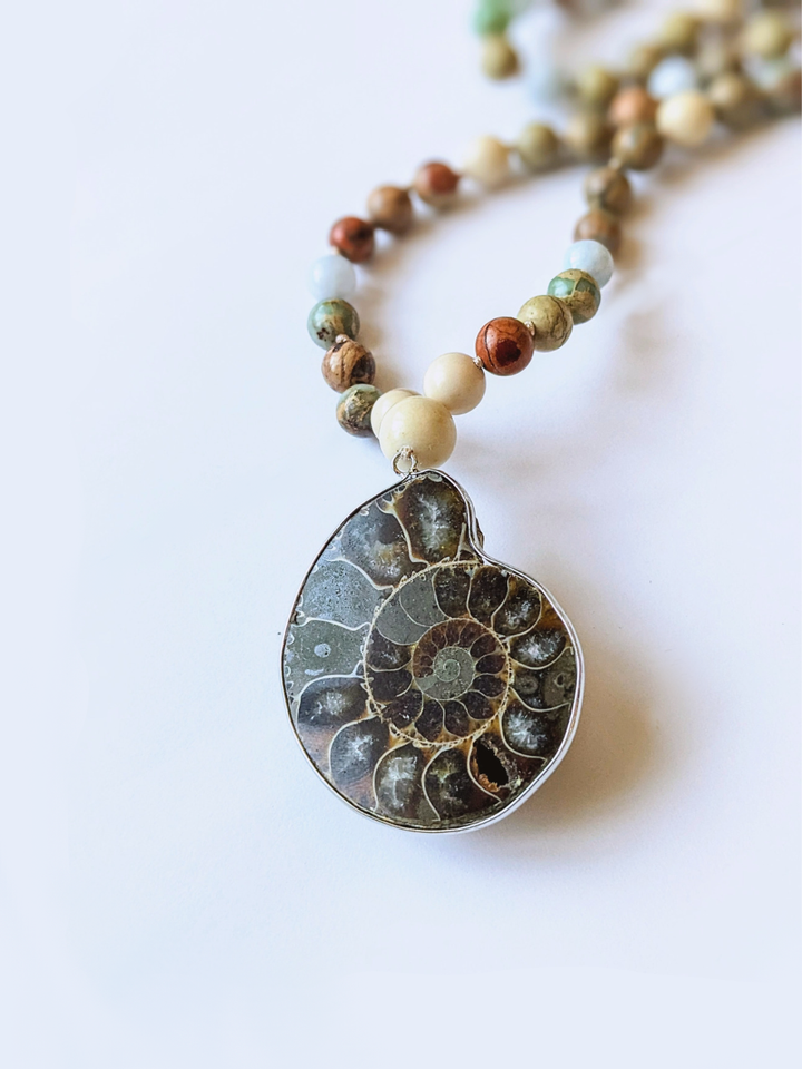 Peace & Harmony Mala Necklace - Ammonite, African Opal