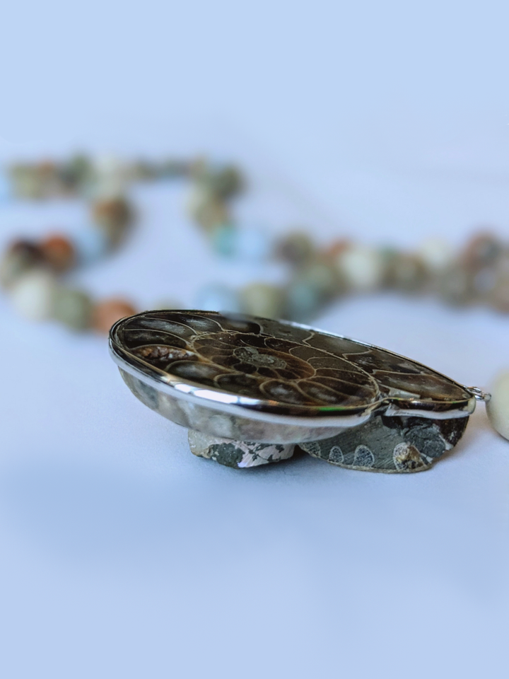 Peace & Harmony Mala Necklace - Ammonite, African Opal