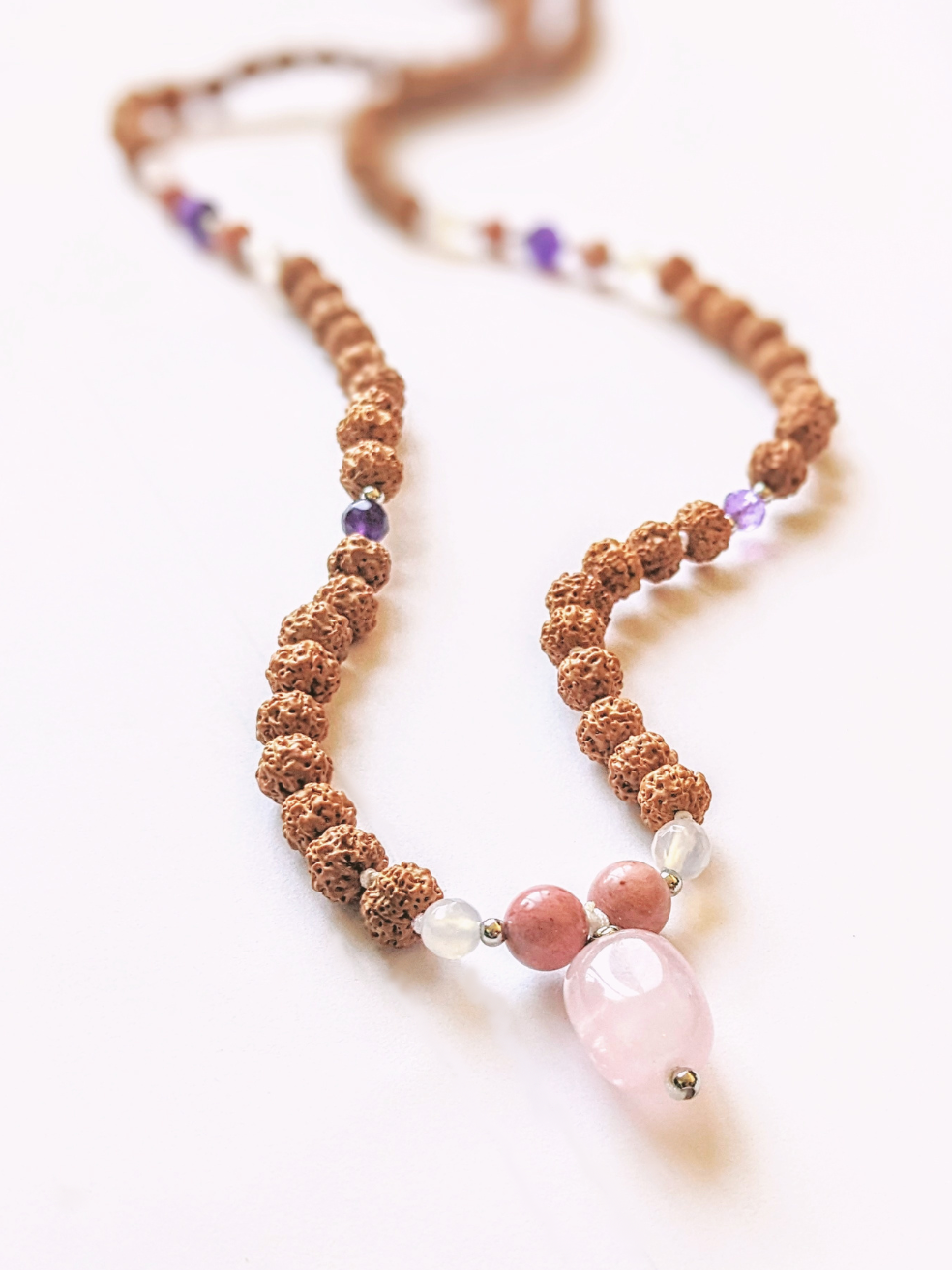Rose Quartz, Amethyst, Moonstone, Rhodochrosite Stone - Love Mala Necklace