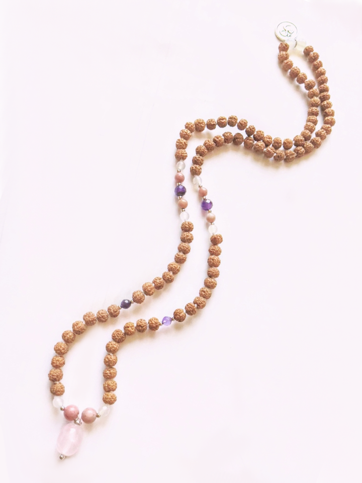 Rose Quartz, Amethyst, Moonstone, Rhodochrosite Stone - Love Mala Necklace